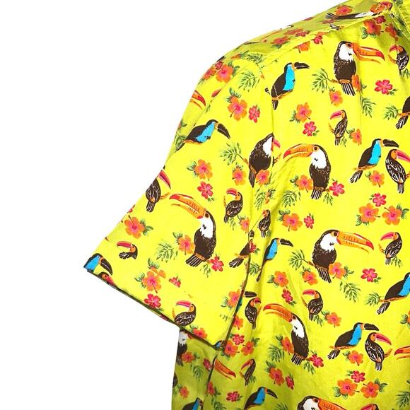 Hawaiian Aloha Button Front Shirt Tropical Toucan Birds Green Multi Polyester M - Picture 5 of 8